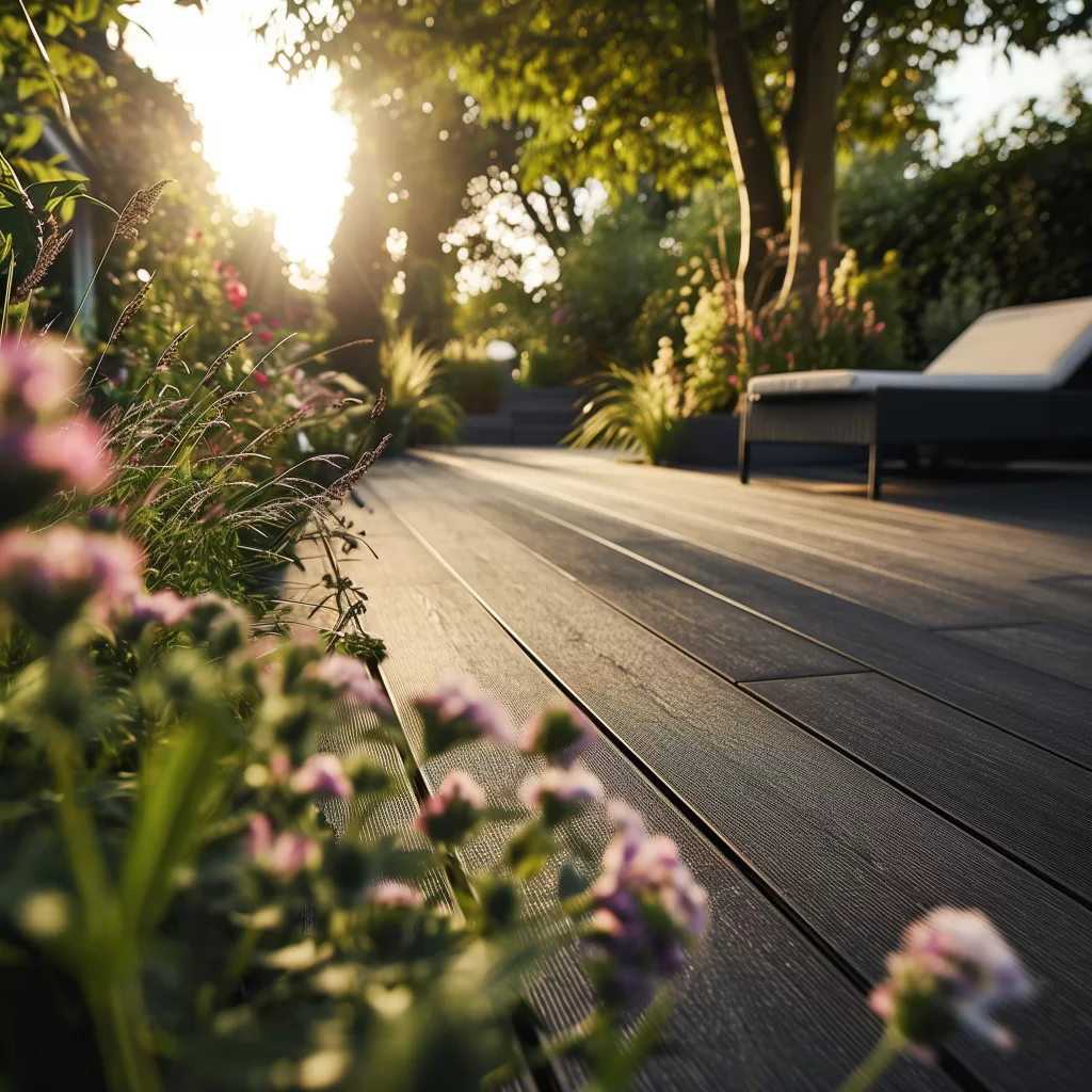 The charcoal decking boards have been used pool side because of their anti-slip qualities.